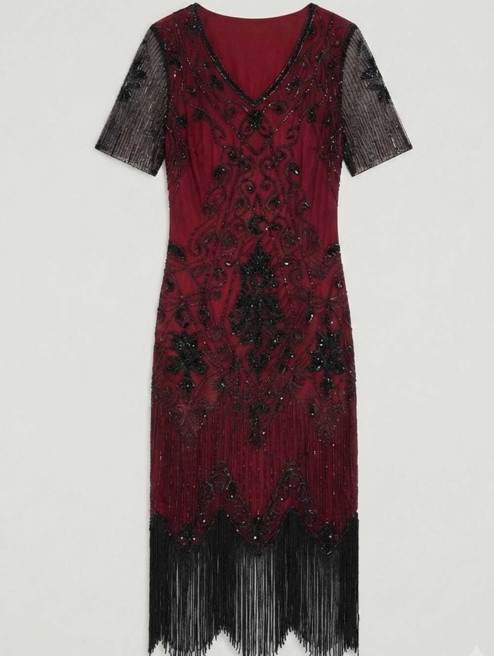 New Women's Red And Black Beaded V-Neck Fringe Cocktail Summer Dress Medium - Picture 7 of 16